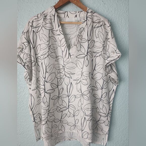 Cynthia Rowley Linen Minimalist Coastal White and Black Leaf Blouse - Picture 2 of 10